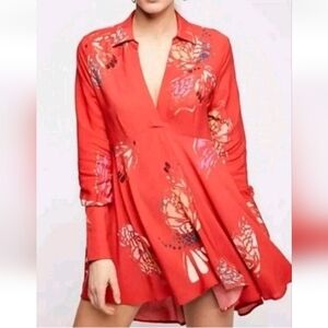 Free People Field Of Butterflies Women's Coral Long Sleeve Boho Tunic Top Size S
